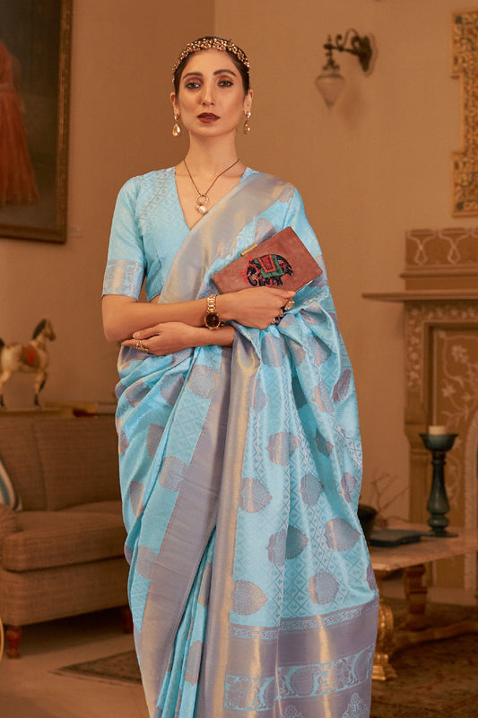 sky blue banarasi silk saree 1