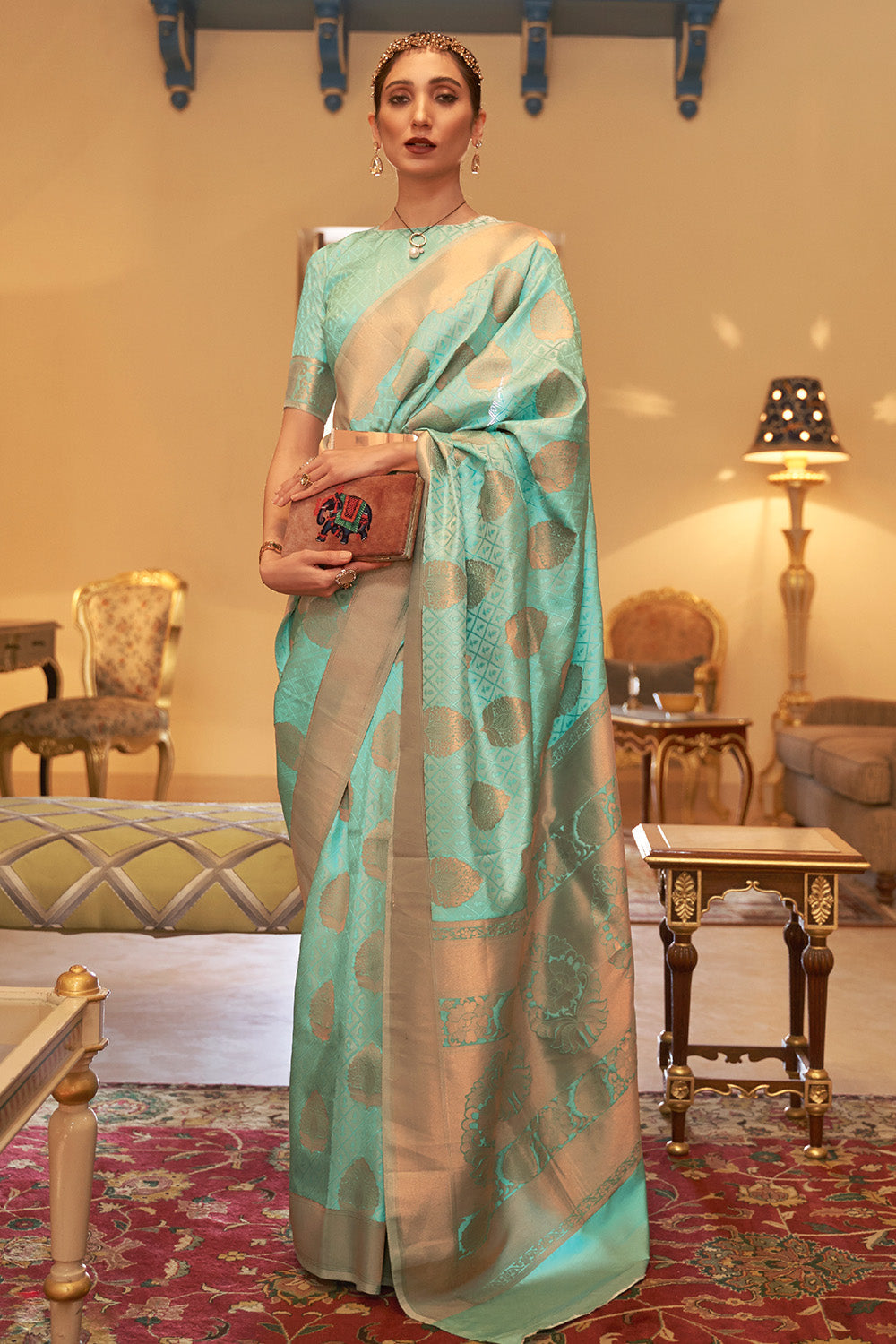 powder blue banarasi silk saree 3