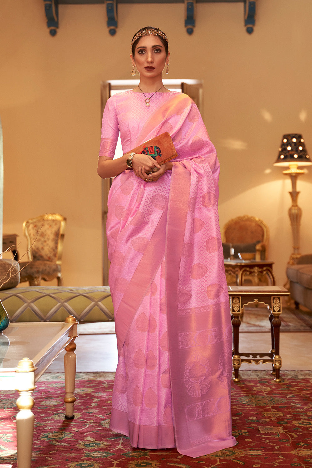 flamingo pink banarasi silk saree 3