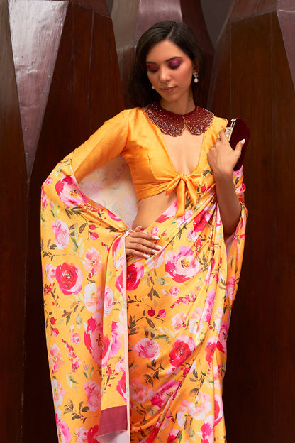 honey yellow digital printed saree 1