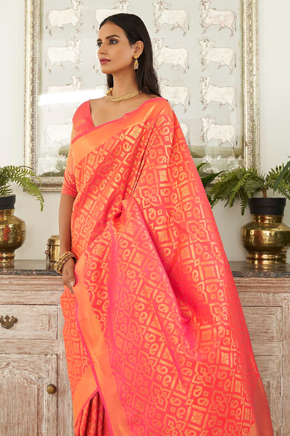 pink and orange kanjivaram saree 1