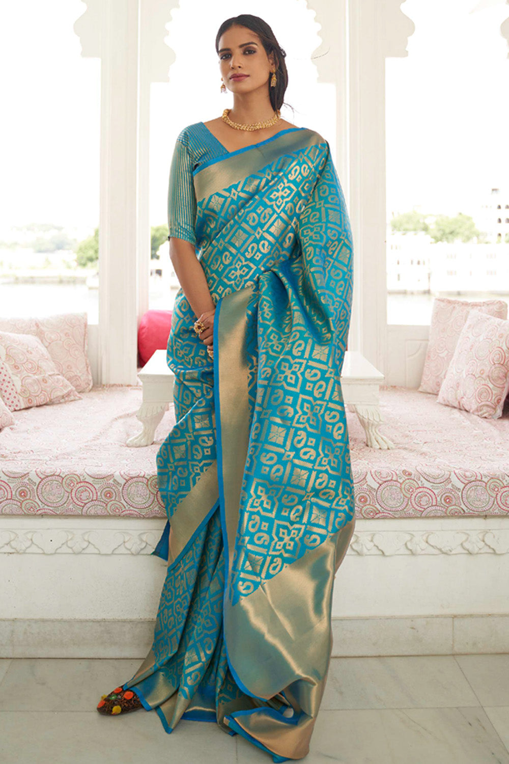 sky blue kanjivaram saree 1 3