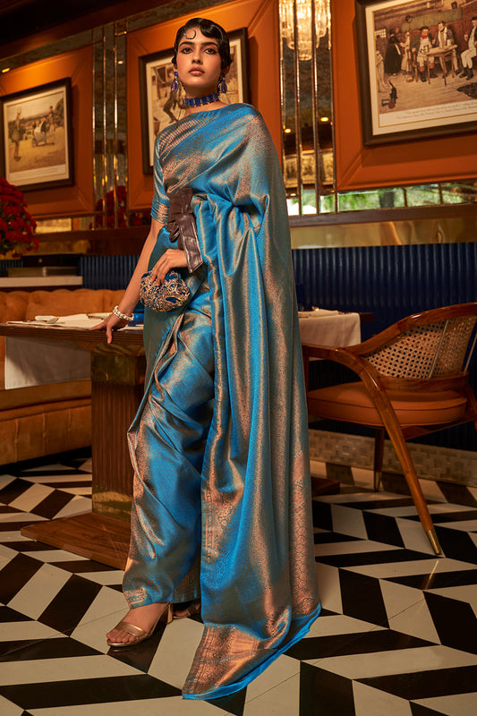 cobalt blue kanjivaram saree 2 3