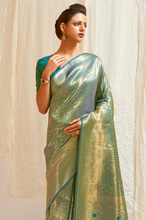 pine green shimmery kanjivaram saree 1