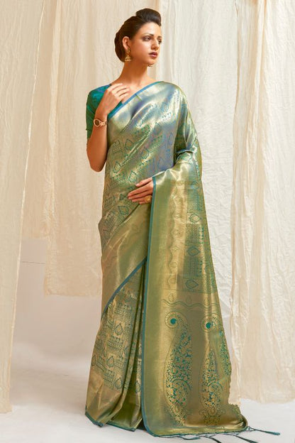 pine green shimmery kanjivaram saree 3