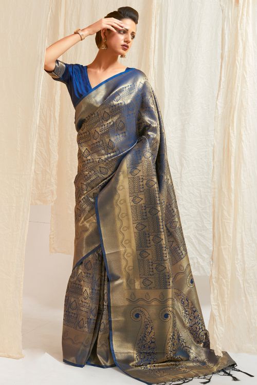 azure blue shimmery kanjivaram saree 3