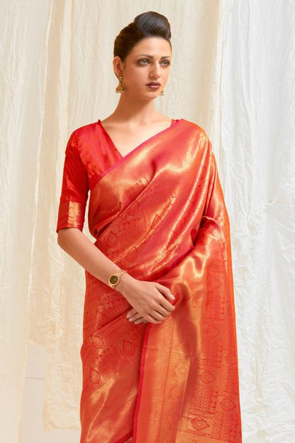 scarlet red shimmery kanjivaram saree 1