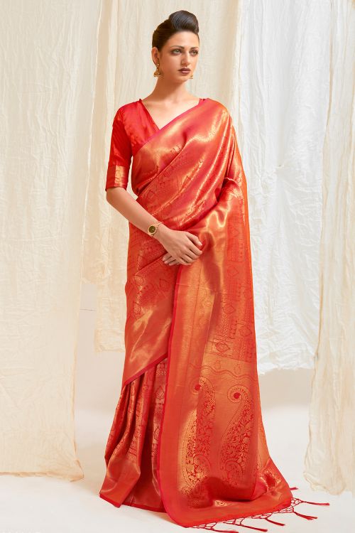 scarlet red shimmery kanjivaram saree 3