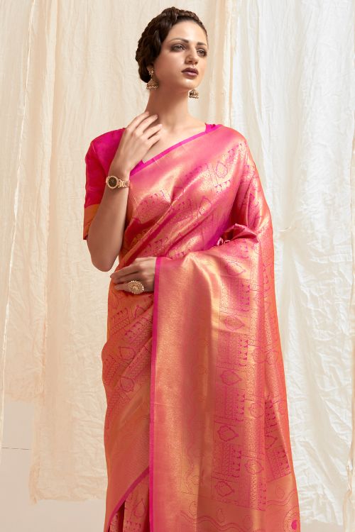 rose pink shimmery kanjivaram saree 1