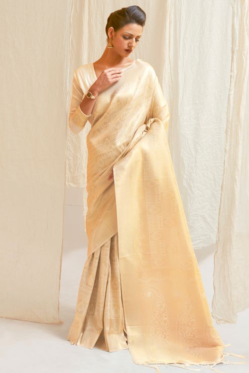 creamy white shimmery kanjivaram saree 3