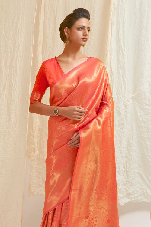 fire orange shimmery kanjivaram saree 1