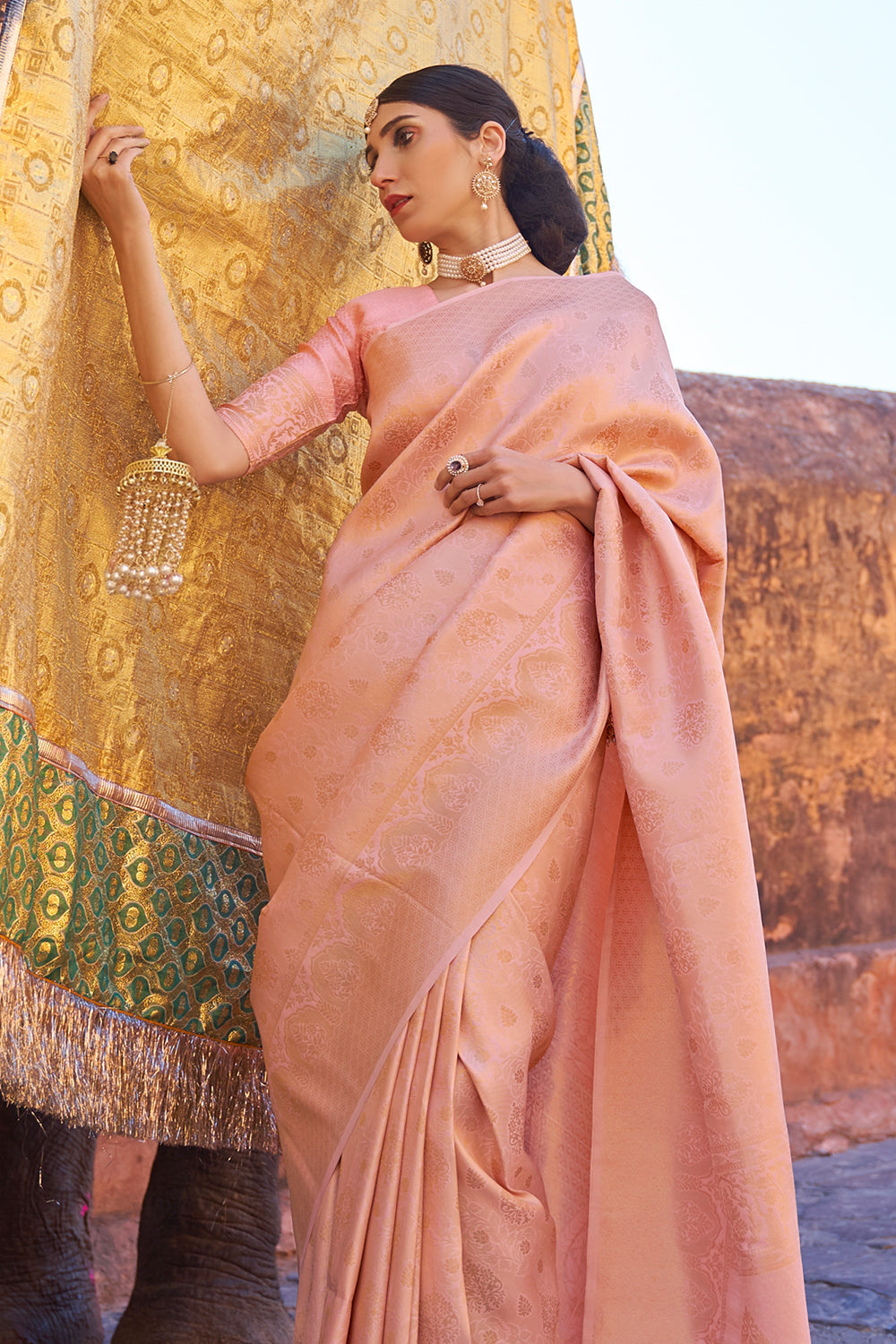 salmon pink kanjivaram saree 1