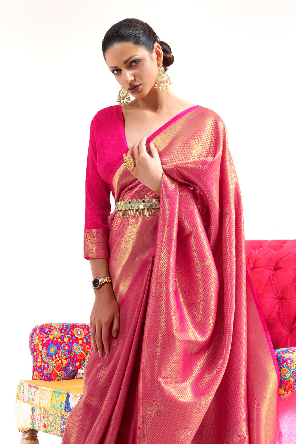 bright pink kanjivaram saree 1 1