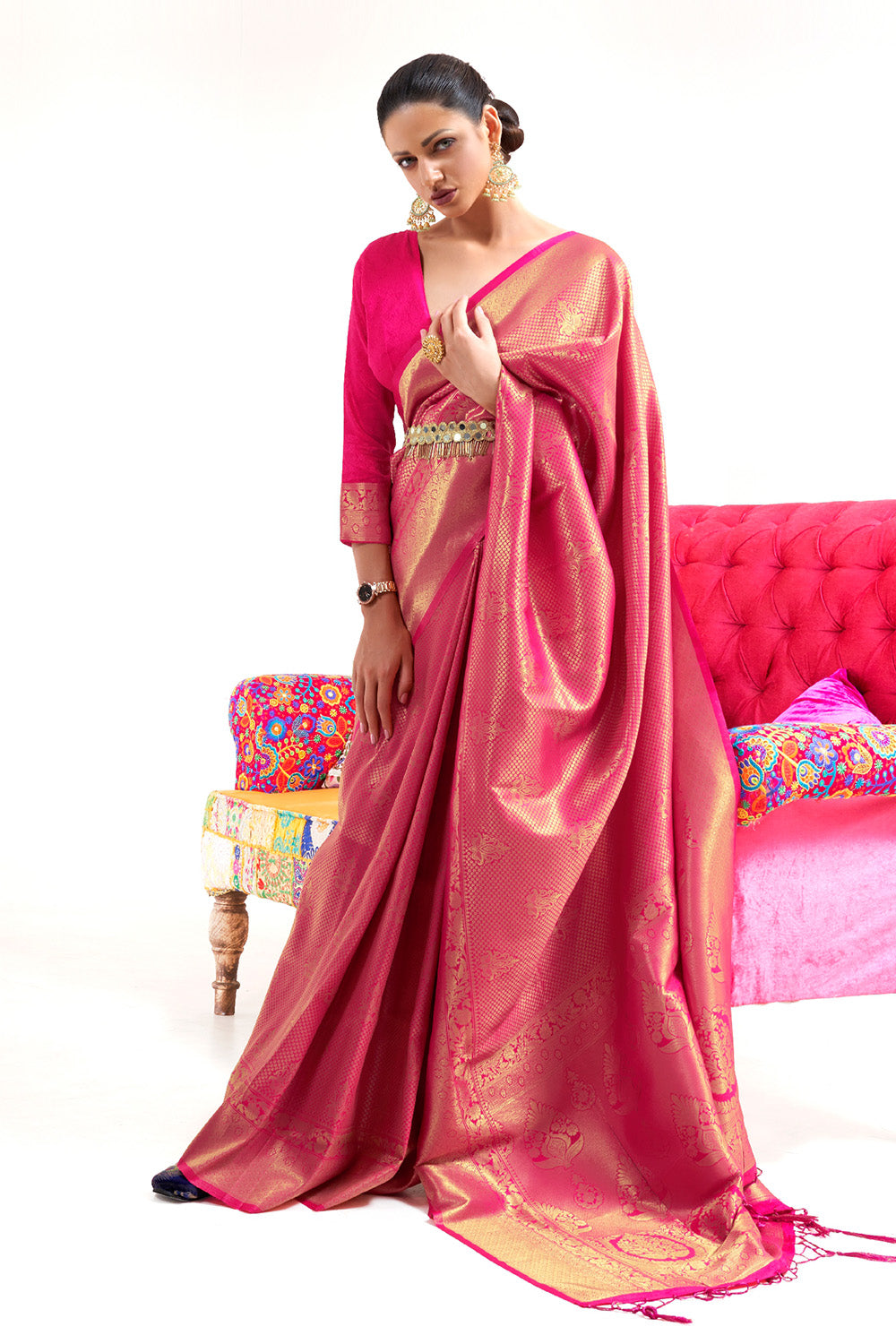 bright pink kanjivaram saree 1 2