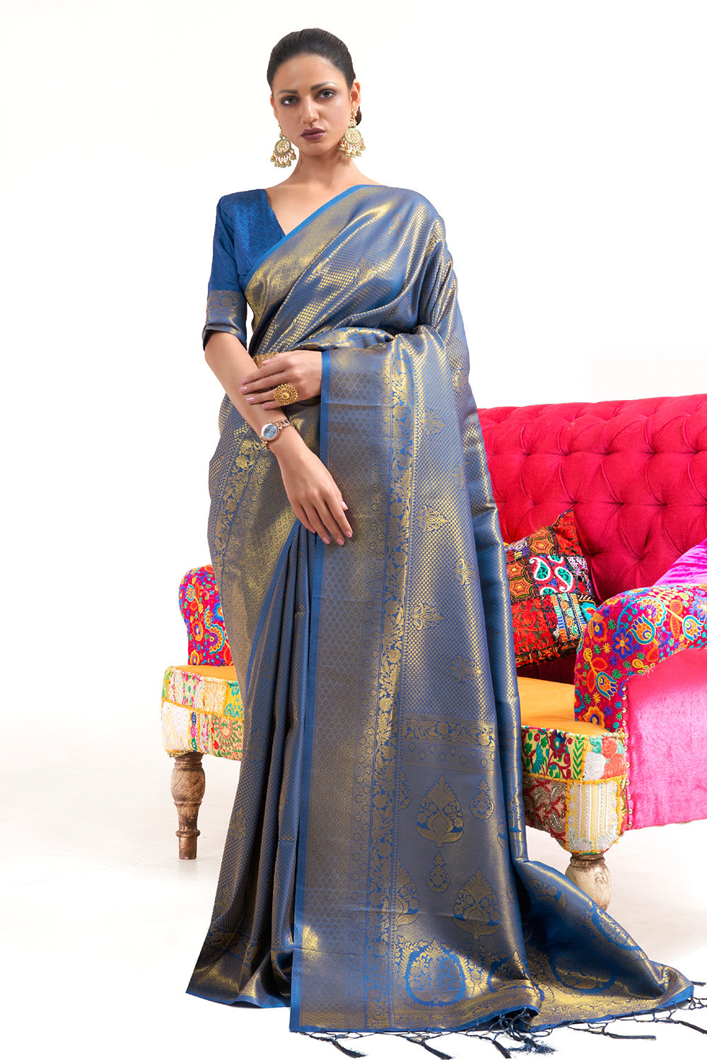 ocean blue kanjivaram saree 1 2