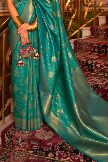 teal blue kanjivaram saree 6 4