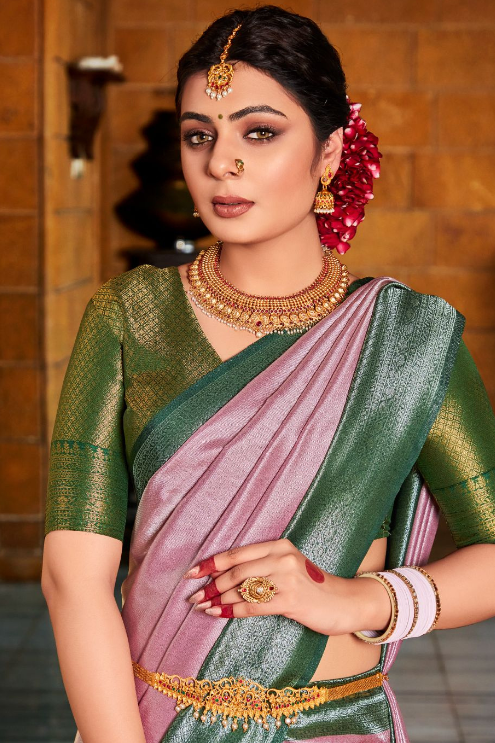 baby pink kanjivaram silk saree with green border 1