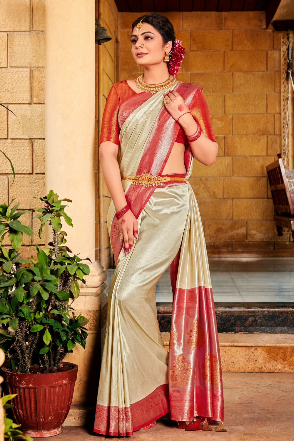 cream kanjivaram silk saree with red border 3