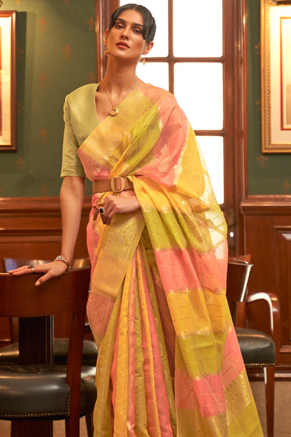 lime green and pink organza saree 1