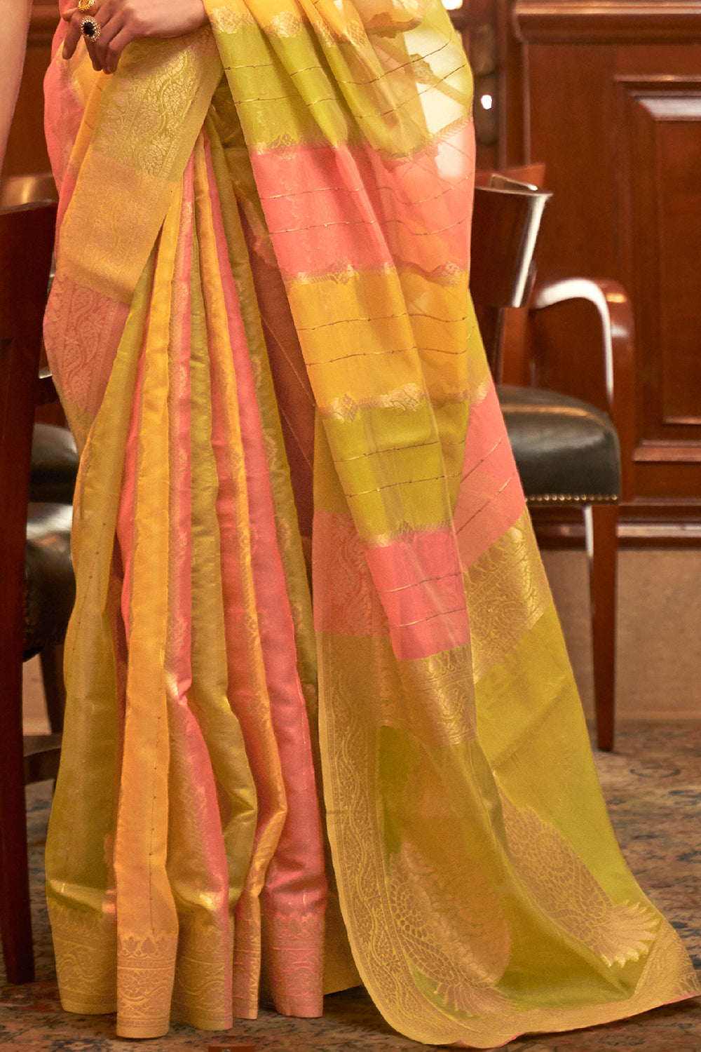 lime green and pink organza saree 2