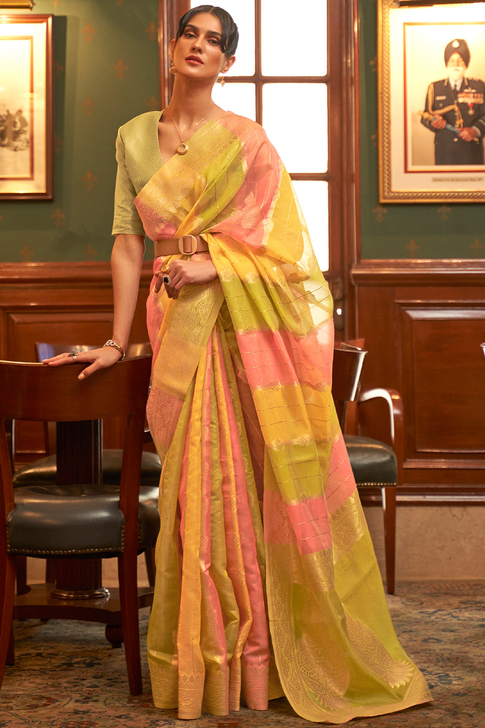 lime green and pink organza saree 3