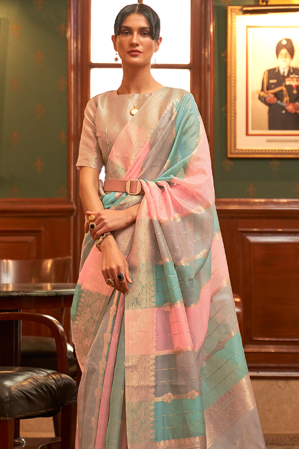 pink and teal blue organza saree 1