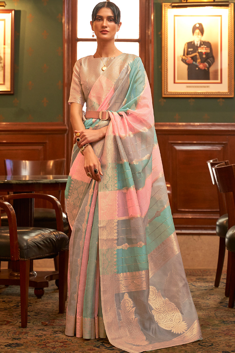 pink and teal blue organza saree 3