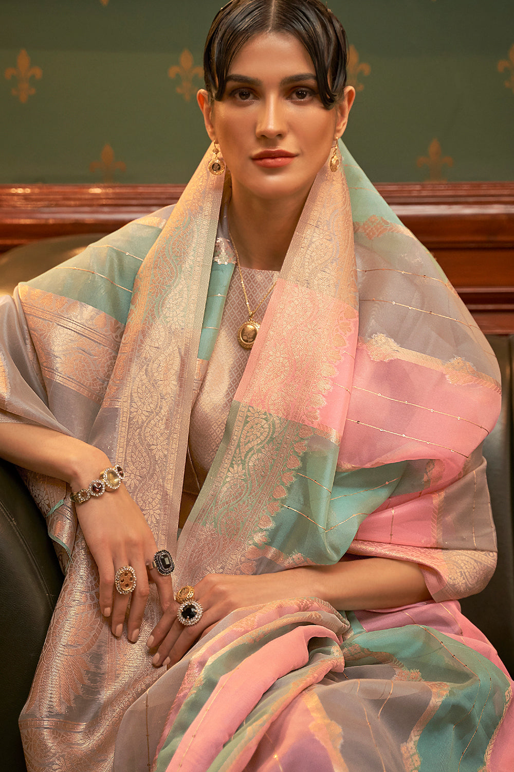 pink and teal blue organza saree 4