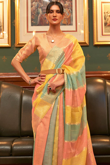 pastel yellow multicolor organza saree 1