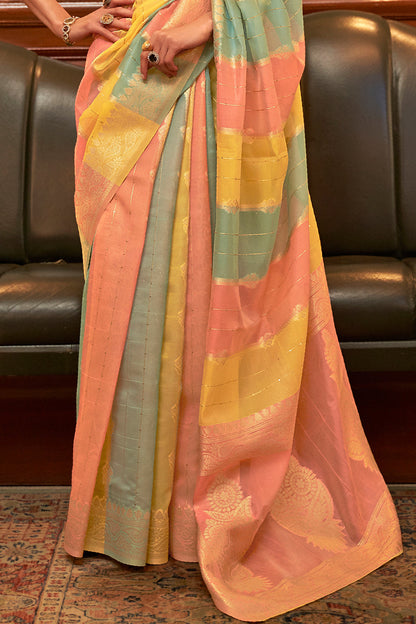 pastel yellow multicolor organza saree 2