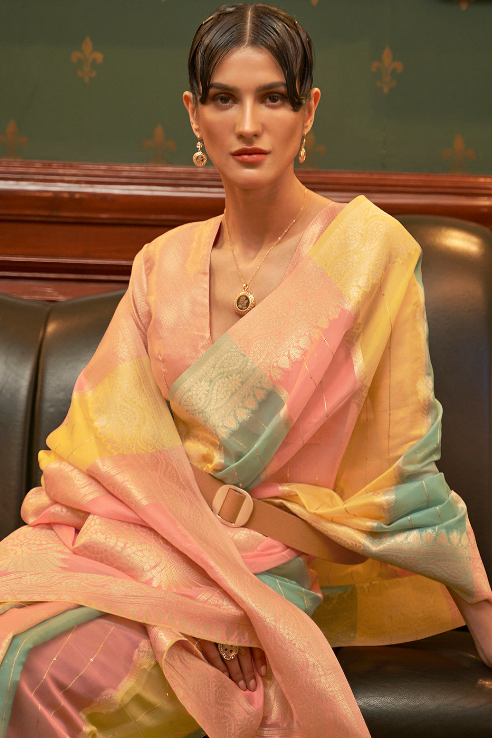 pastel yellow multicolor organza saree 4