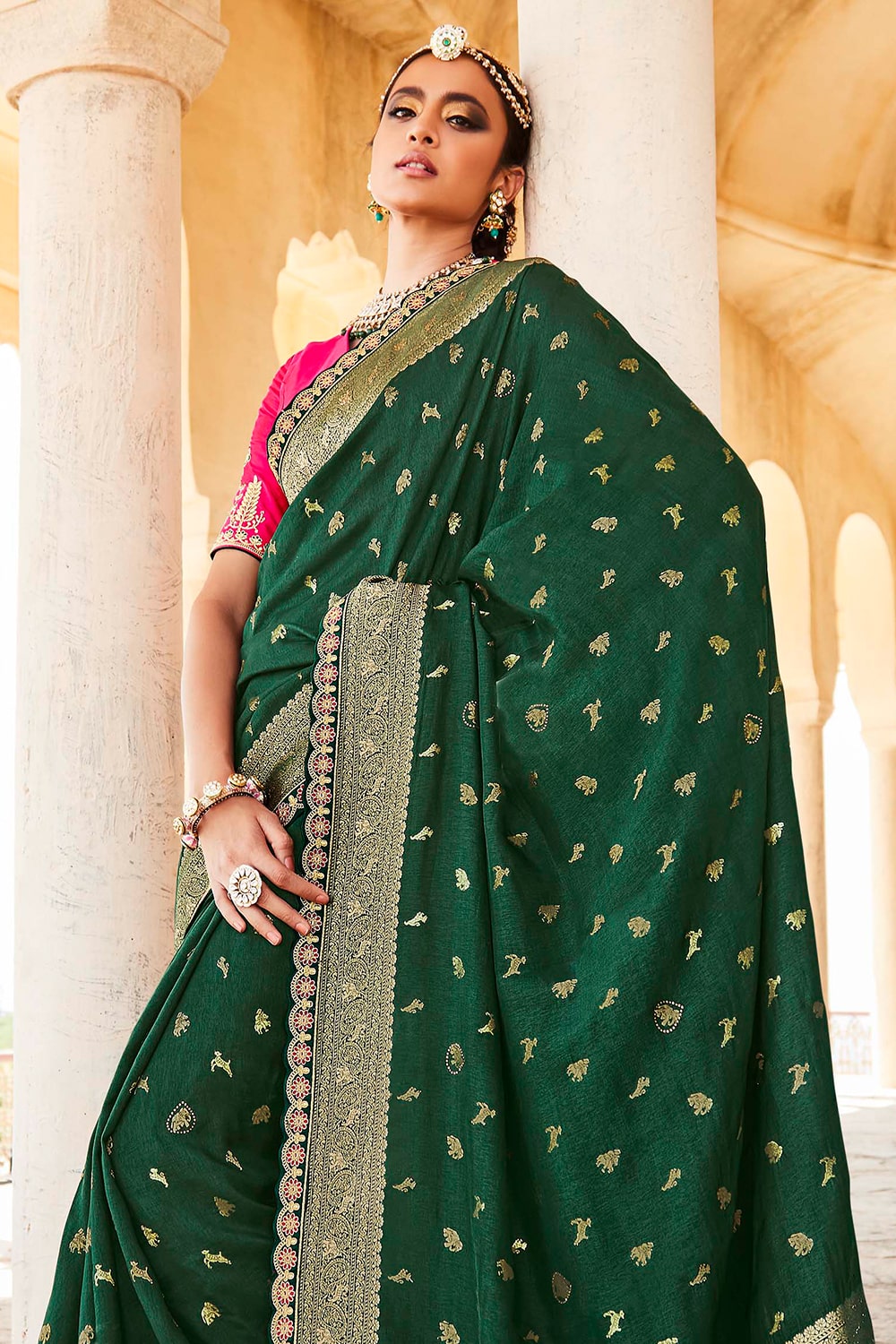 dark green designer banarasi saree 1