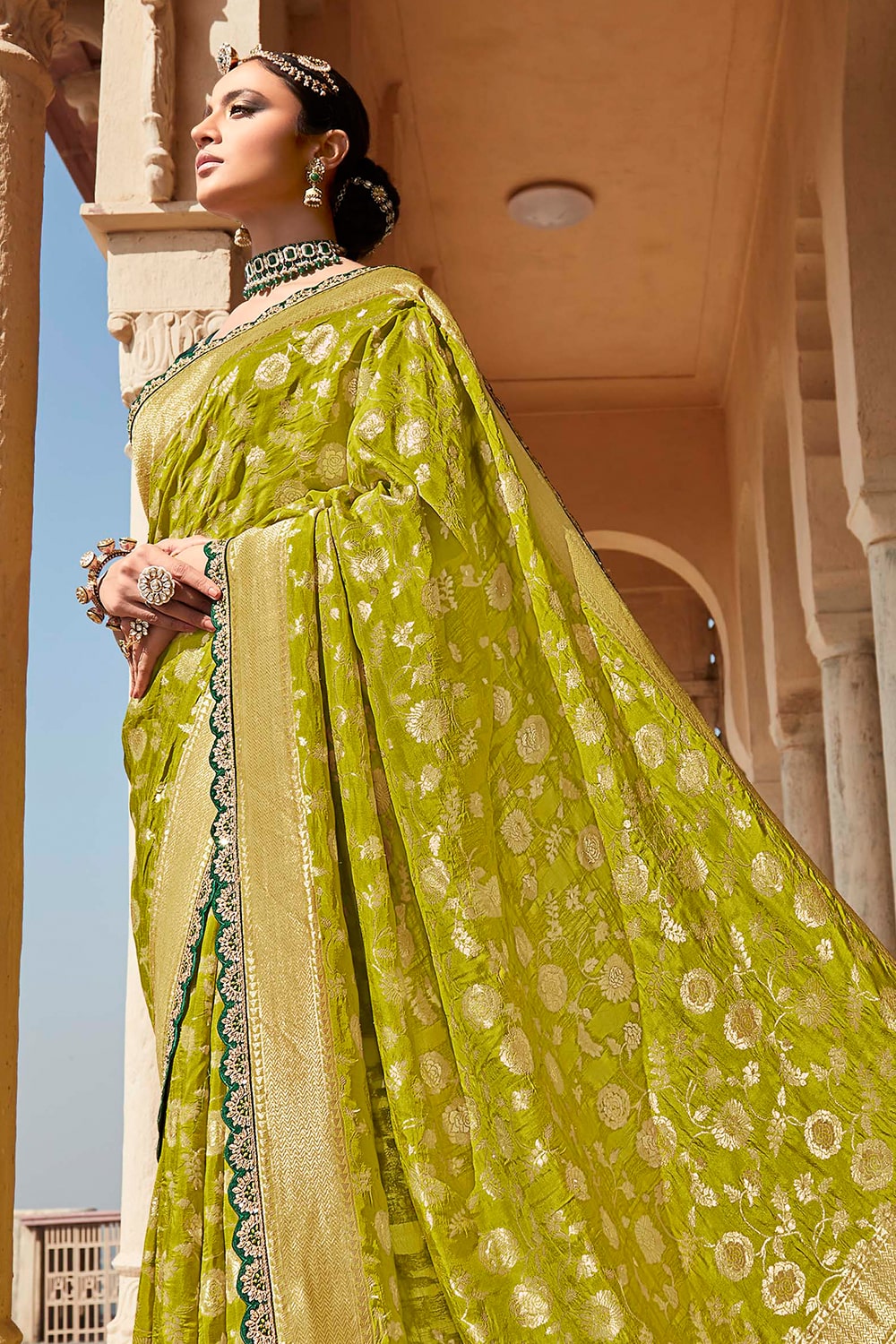 sheen green designer banarasi saree 1