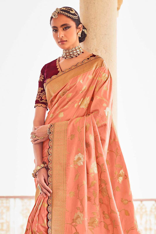 peach orange designer banarasi saree 1