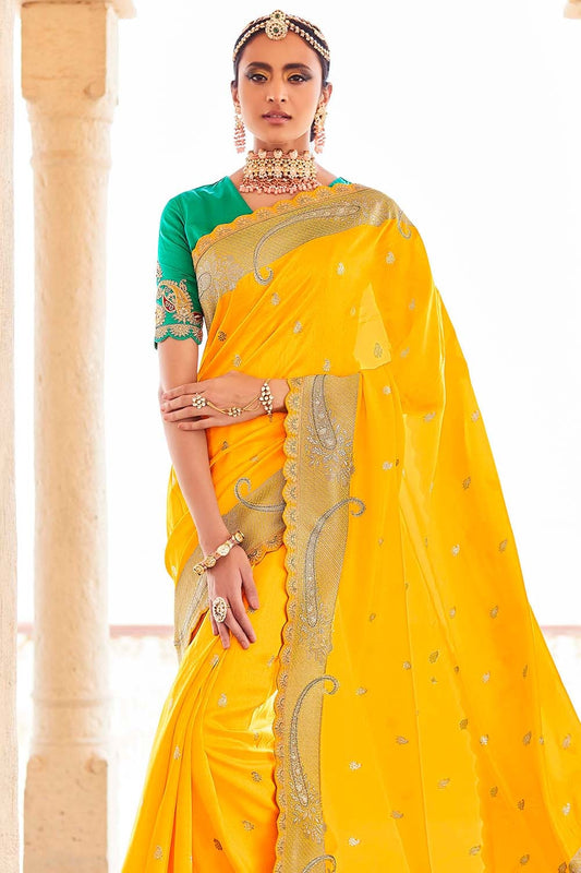 fresh yellow designer banarasi saree 1